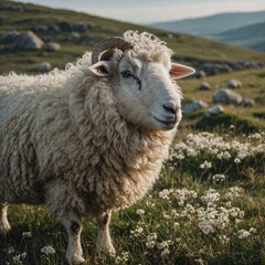 Fototapeta premium A cute rabbit hopping across a vibrant green meadow with a bright blue sky above.