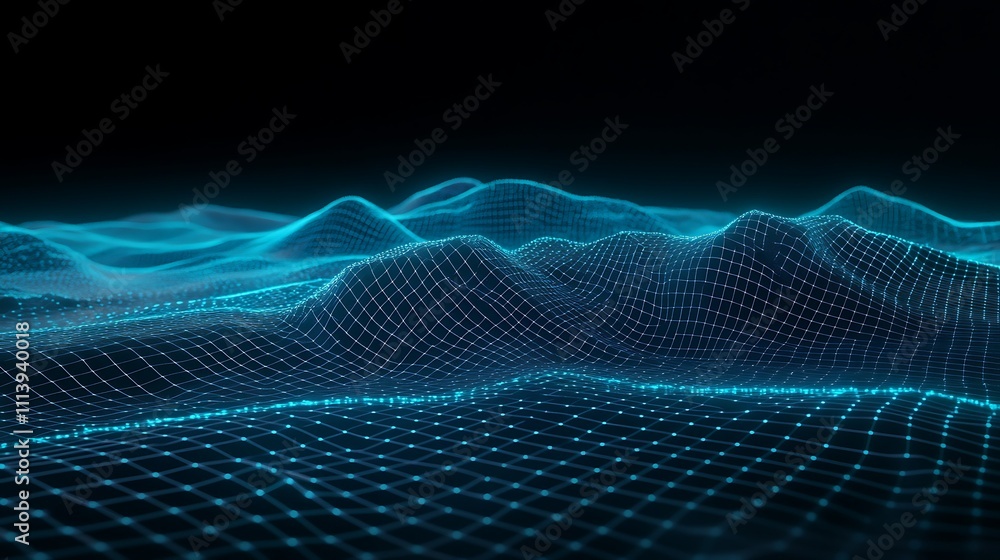 Aufkleber futuristic digital waves with neon grid and undulating terrain in dark background for technology con