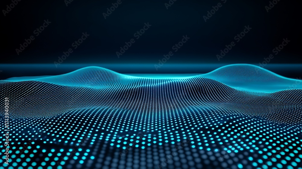 Poster futuristic digital waves with neon blue dots and soft curves low light background in abstract 3d des