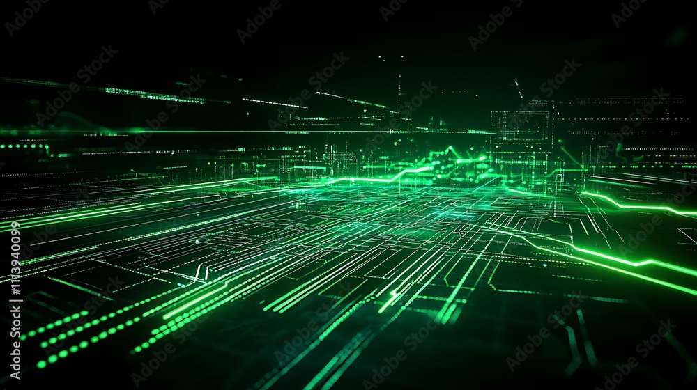 Poster futuristic green circuit board design with abstract lines and patterns representing technology and d