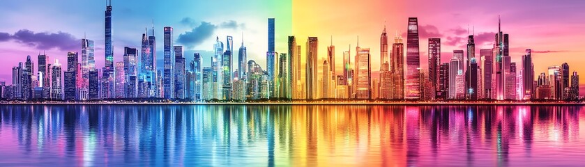 Fototapeta premium Colorful city skyline reflecting vibrantly on water at twilight.