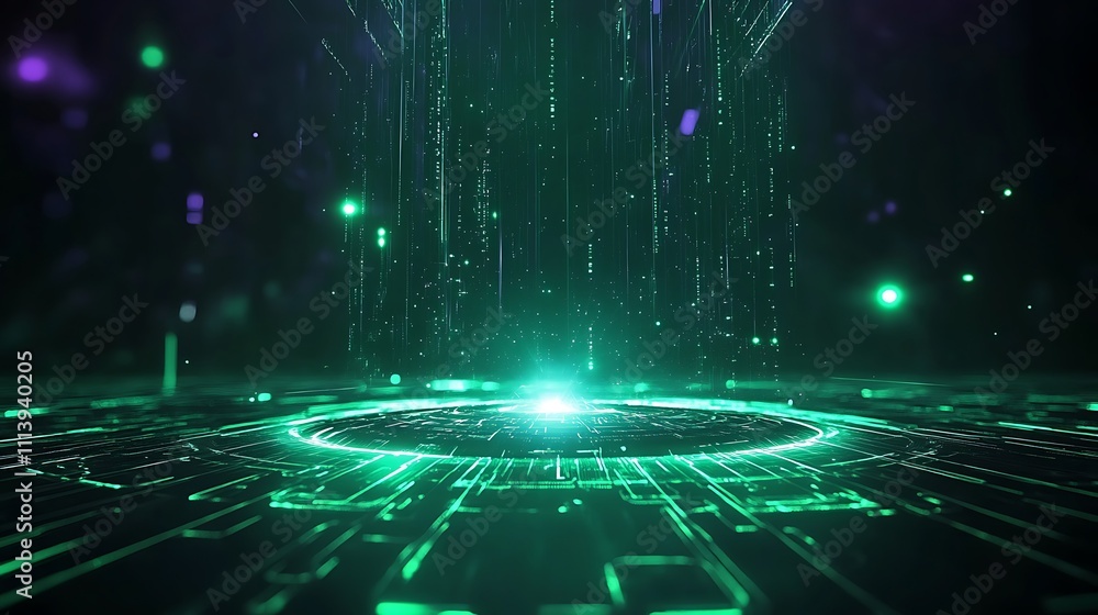 Poster futuristic green data stream with vertical lines and glowing circles in dark digital environment