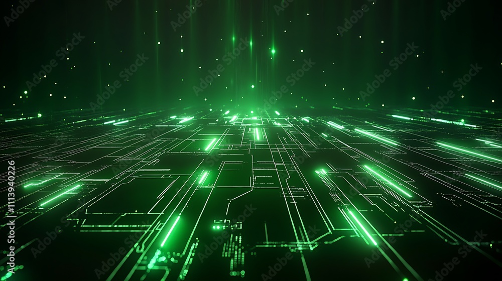 Poster futuristic green data visualization with light beams and circuit patterns in a dark digital environm