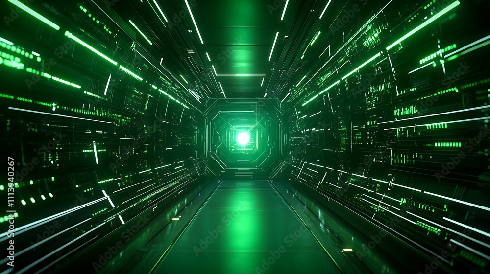 Poster futuristic green digital corridor with glowing lights and high-tech elements in an abstract sci-fi e