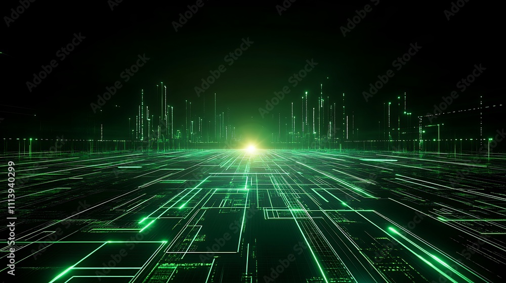 Poster Futuristic Green Digital Landscape with Glowing Lines and Abstract Data Structures in a Dark Background