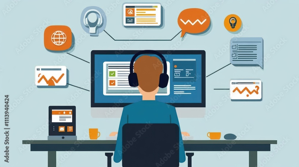 Poster person working remotely using multiple applications