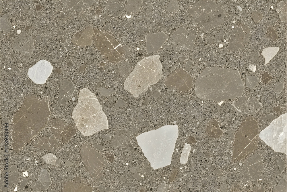 Poster high-resolution image of a terrazzo texture featuring a blend of beige, brown, and white stones embe