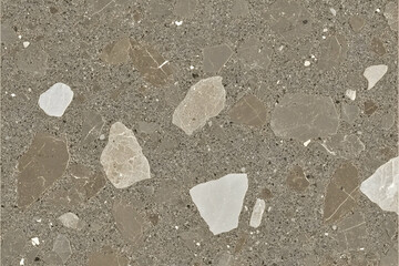 High-resolution image of a terrazzo texture featuring a blend of beige, brown, and white stones embedded in a grey base. Ideal for design backgrounds or architectural visuals.