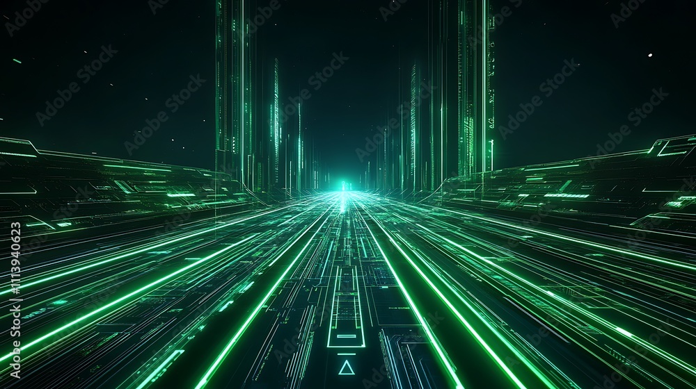 Poster Futuristic Green Neon Data Stream with Angular Shapes and Abstract Lines in a Sci-Fi Environment