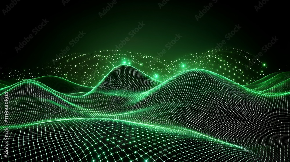 Poster futuristic green waves with data points and light effects in a digital landscape background