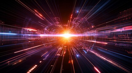 Obraz premium Futuristic Heart Design with Colorful Rays of Light and Fractal Patterns in Space Environment