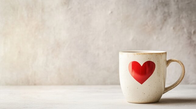 Heart mug on neutral background symbolizing love and warmth for cozy moments
