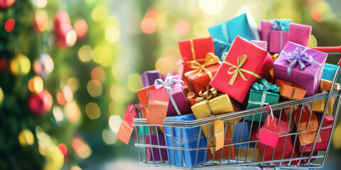 A shopping cart overflowing with brightly wrapped gift boxes