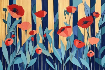 Vibrant Red Poppy Floral Artwork with Blue Leaves and Gold Stripes - Modern Abstract Botanical Wall Art for Home Decor and Nature Lovers