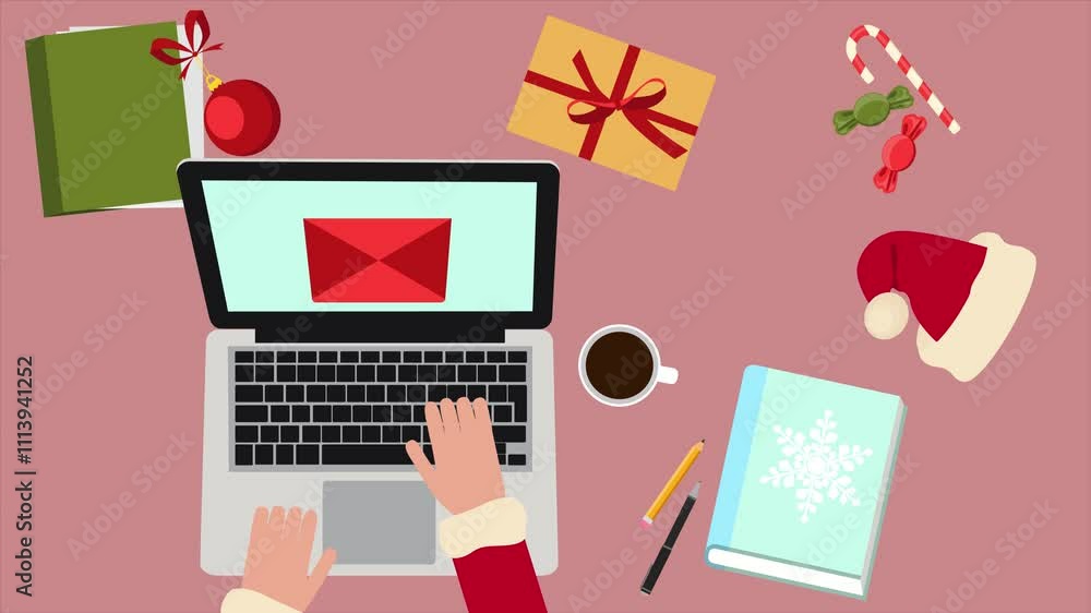 Poster workplace of santa claus. abstract loop animation
