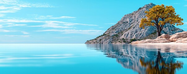 Obraz premium elegance mountain sea Serene landscape with a tree by a calm blue lake.