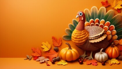 Thanksgiving Flat Lay with Felt Turkey and Autumn Props