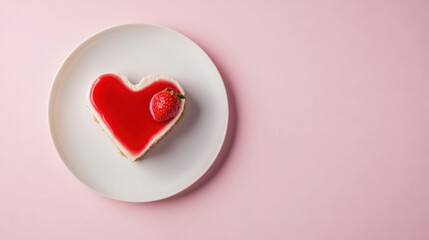 Heart shaped strawberry cake on white plate against pink background for celebration or valentine's dessert