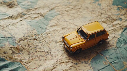 Miniature toy car on the map. Travel and adventure concept.