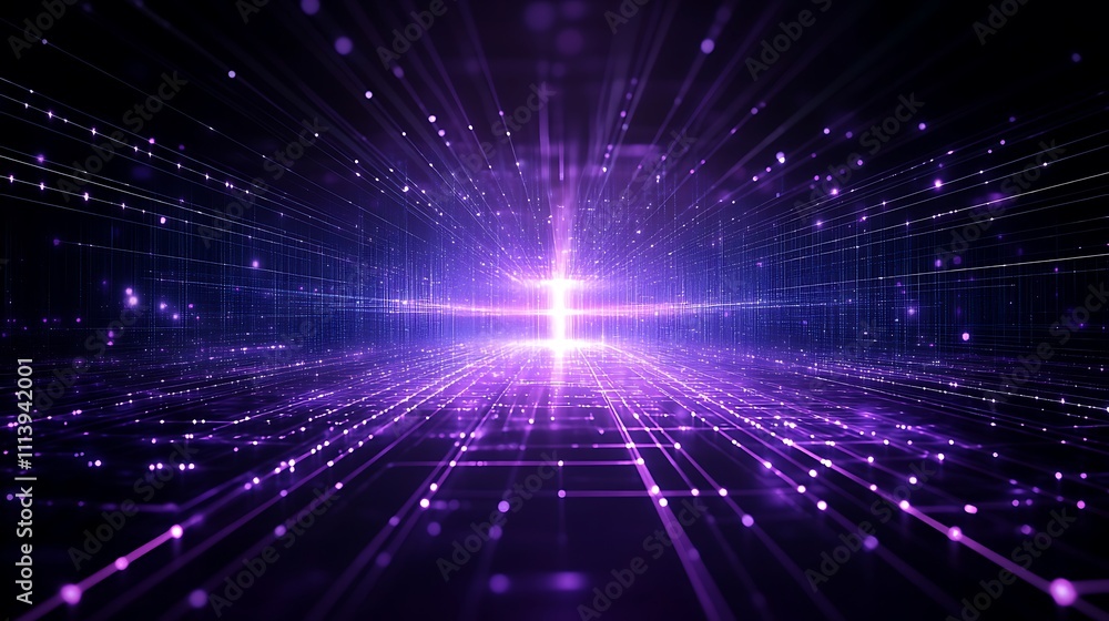 Poster futuristic light beam with abstract lines and particles in a purple space environment for technology