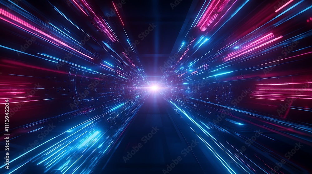Aufkleber Futuristic Light Tunnel with Neon Glow and Radiant Rays in Dynamic Motion for Sci-Fi Environments