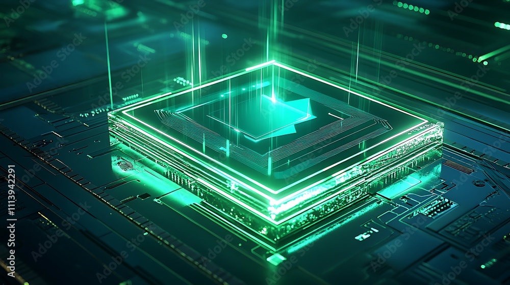 Aufkleber futuristic microchip in neon glow on circuit board representing advanced technology and digital inno