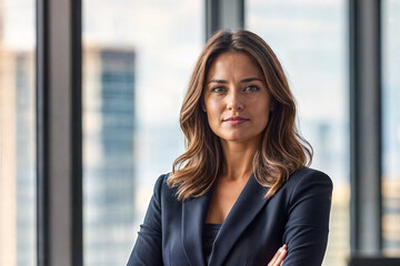 Fototapeta premium Minimalistic portrait of a successful female CEO in a sleek, contemporary office.