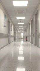 A hospital hallway with white walls, shiny tiled floor, white doors with windows, a fire extinguisher, and a brightly lit door at the end.