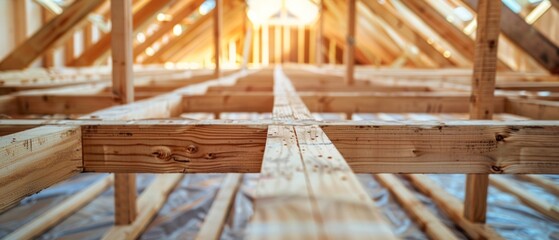 An image of an unfinished attic shows wooden beams and planks, no insulation, and sunlight filtering through, creating a hopeful construction vibe.