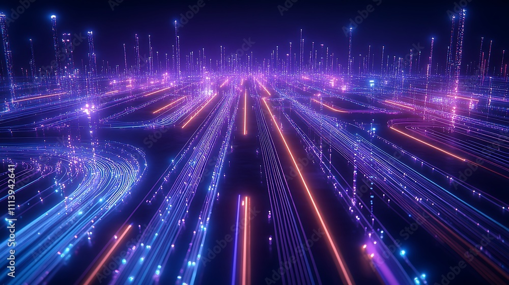 Poster futuristic neon cityscape with bright lights and dynamic lines creating a sense of movement and tech