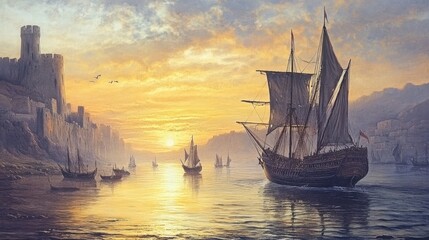 Fototapeta premium Historic Sailing Ships at Sunset