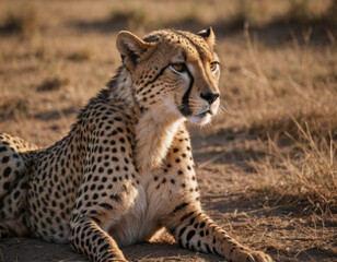 Fototapeta premium Cheetah lounging in the warm savanna under the golden afternoon light. Generative AI