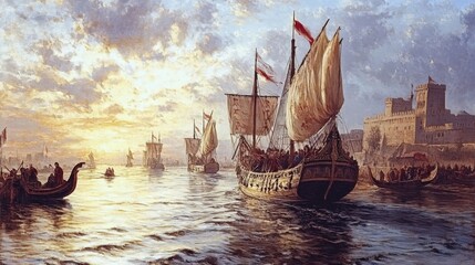 Viking Ships at Sea: sunset