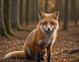 A cautious red fox sits among fallen leaves in a serene forest during golden hour. Generative AI