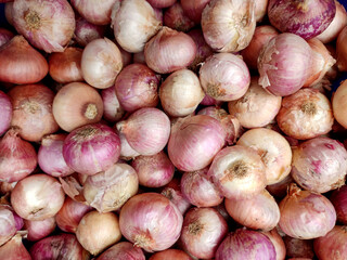 A close-up of freshly harvested red onions piled together. The vibrant reddish-purple skins and natural textures highlight their freshness and earthy appeal.