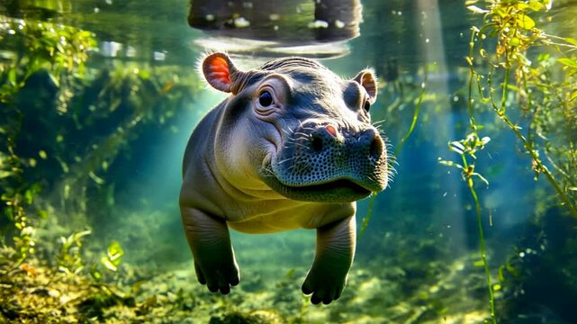 A baby hippo swimming in the water