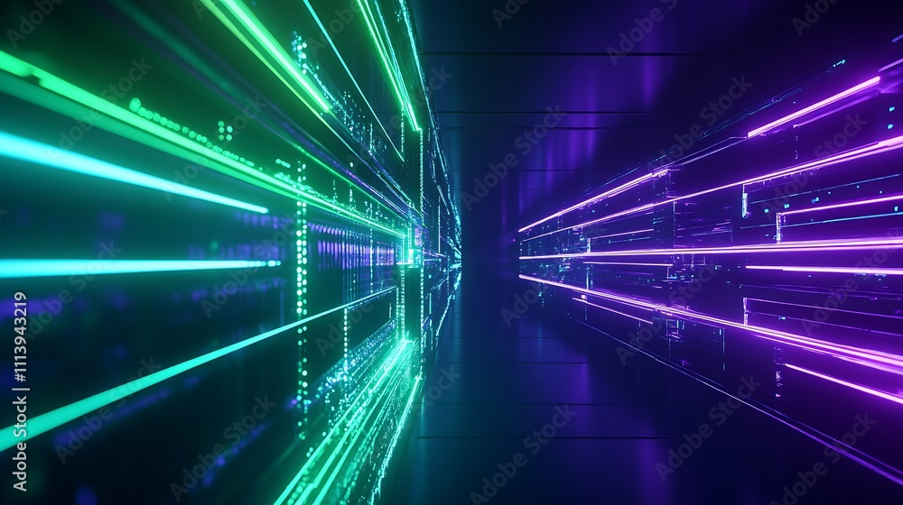 Poster futuristic neon data corridor with vibrant light streams and digital elements in a high-tech environ
