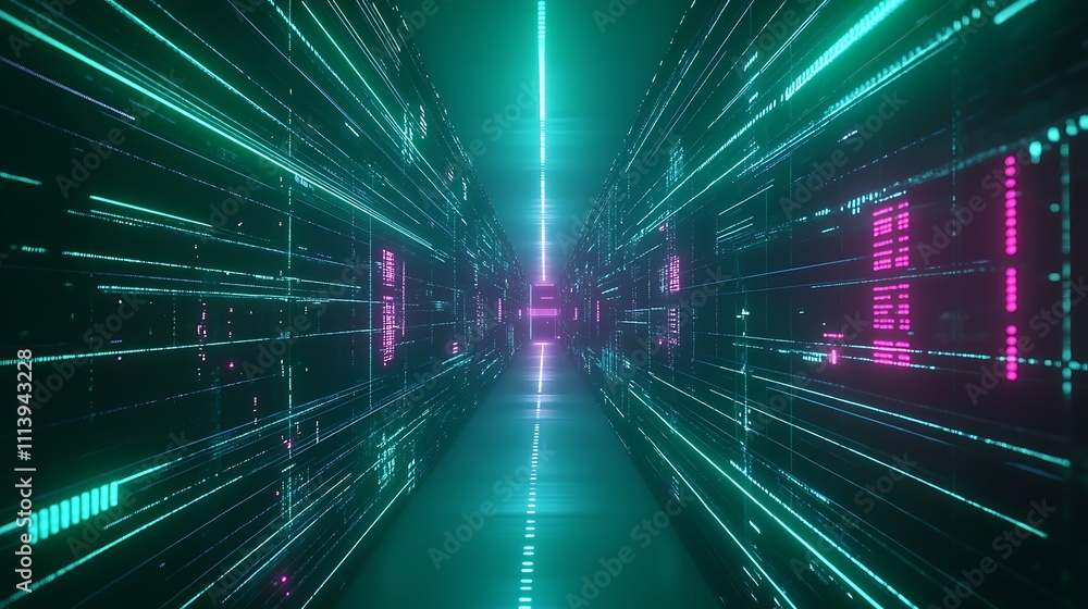 Poster futuristic neon digital corridor with glowing lines and data streams in cyberpunk style
