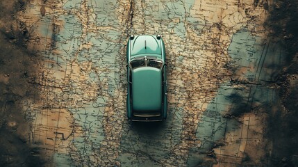 Miniature toy car on the map. Travel and adventure concept.