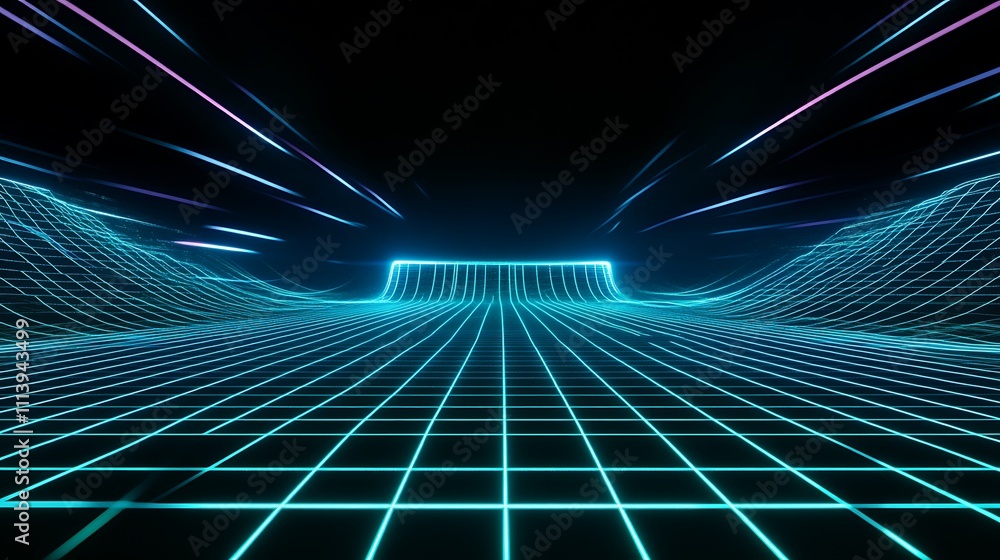 Poster futuristic neon grid landscape with dynamic light trails and dark background for sci-fi themes