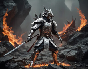 Naklejka premium A fearless warrior in armor stands atop rocks surrounded by flames in a mythical landscape. Generative AI