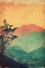 Mountain Stream Sunset. River Valley Sunset, Nature's Canvas at Sunset. Retro classic poster illustration.