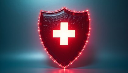 Obraz premium a red shield adorned with a white first aid cross, surrounded by a soft glow effect create with ai