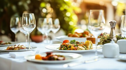 Elegant table setting displaying gourmet dishes in outdoor restaurant