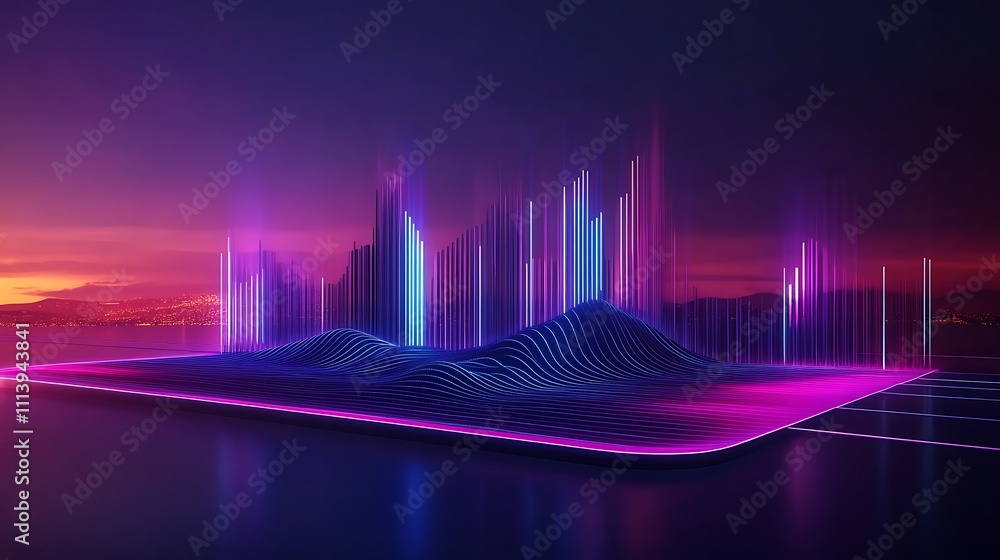 Poster futuristic neon landscape with colorful light waves and graph patterns in a dark atmospheric setting