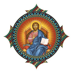 Obraz premium Jesus Christ the greatest Bishop sitting on throne. Religious decorative dome. Christian illustration in Byzantine style isolated on white background
