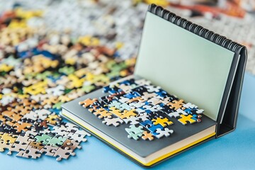 Colorful jigsaw puzzle pieces on a table and in a notebook for fun and creativity.
