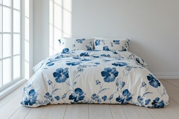 A bed with a blue floral pattern on a white background, a wooden floor, and white walls