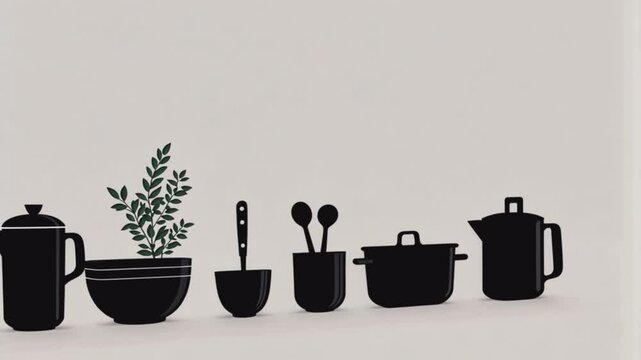 Minimalist Kitchen Silhouette with Cooking Utensils and Herbs
