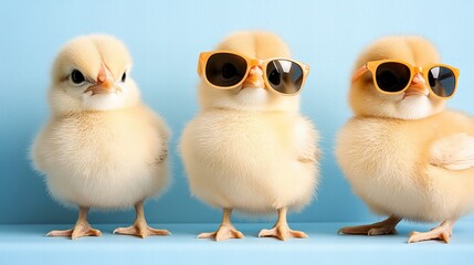 Fototapeta premium Three cute chicks wearing sunglasses on a blue background